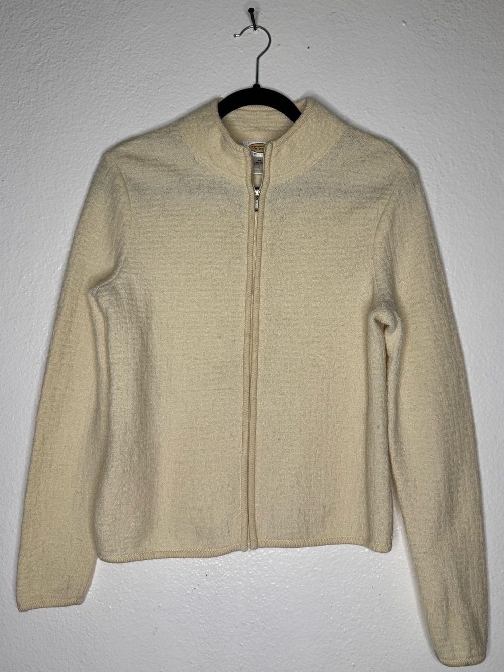 Talbots Women’s Cream 100% Wool Zip-Front Crewneck Sweater Jacket Cardigan SZ M